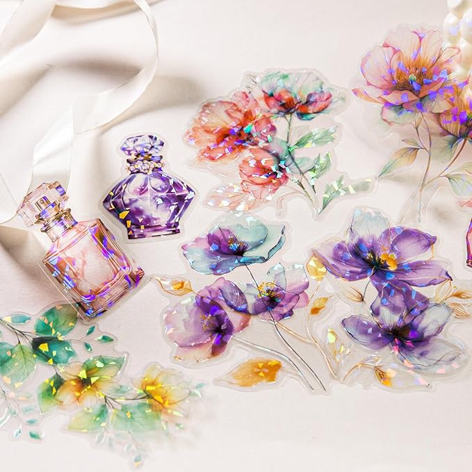 Yoksas 60 Pcs Large Holographic Shiny Flower Vase Scrapbooking Stickers - Transparent Sparkle Watercolor Flowers Plants Decals for Scrapbook,Journals,Resin Art,Botanical Garden Artistic