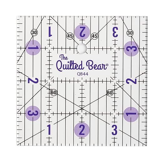 The Quilted Bear Quilting Rulers - Transparent Acrylic Non Slip Quilting, Patchwork & Sewing Ruler with Clear Black Lines & 30, 45 & 60 Degree Angles for Perfect Accuracy & Precision (4" x 4")