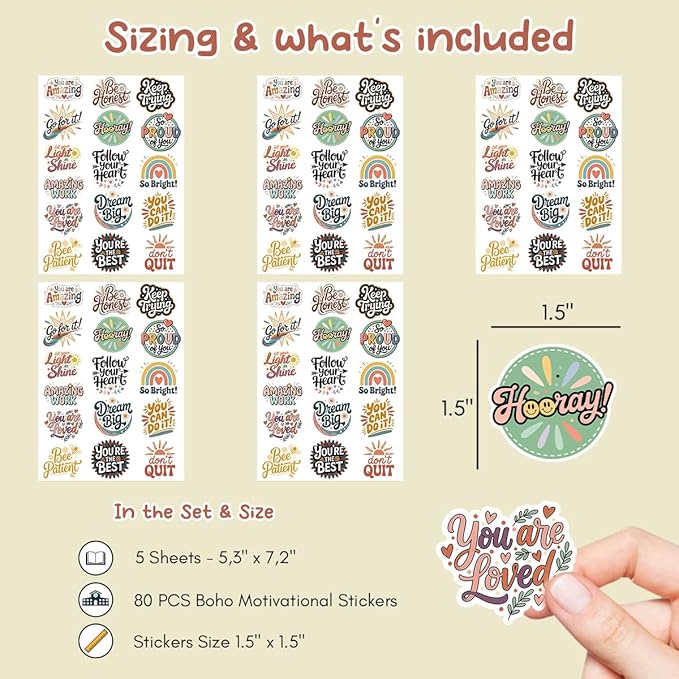 80PCS Boho Motivational Stickers - 5 Sheets Positive Encouragement Stickers, Motivational Reward Stickers for Kids, Teacher, Designs for Planners, Water Bottles, Scrapbooks, Reward Charts, Classroom
