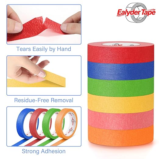 6 Rolls Colored Masking Tape - Rainbow Color, 0.94-Inch x 60-Yard Colorful Craft Tape, Painters Tape Great for Crafts, Art, Labeling, DIY Projects