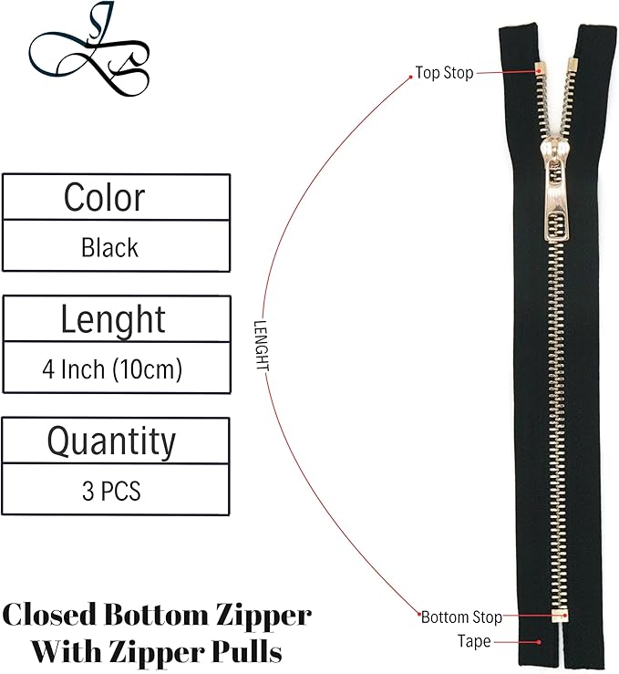 #5 Gold Metal Zipper - 50+ Colors - 3 PCS - (4-14 inches) Sizes - Luxury Lightweight Handcraft Metal Zippers with pulls for Purses Bags Pockets Shoes Sewing & Crafts DIY ZP02514