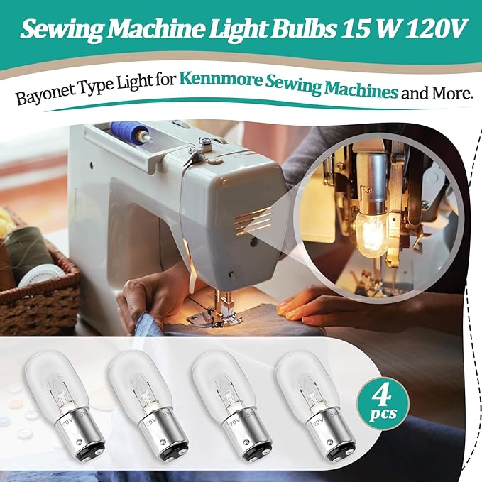 4 Pcs 15W 120V Sewing Machine Light Bulb - Incandescent Bulb Compatible with Kennmore and More Sewing Machine Replacement Bulbs 15 W with Push-in Base（White New