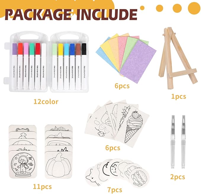 Crystalberry 45 Pcs Magic Foam Texture Painting Kit, Including 30 Pcs Foam Texture Papers, 12 Colorful Pens, 2 Soft-tip Water Pens, 1 Small Easel, for Creative DIY Arts, Crafts and Family Activities