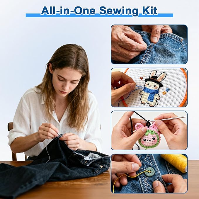 62Pcs Steel Needles for Hand Sewing, Big Eye Steel Sewing Needles Kit with Case, Portable DIY Craft Kits for Adults, Beginner, Emergency,Home,Travel (Blue)