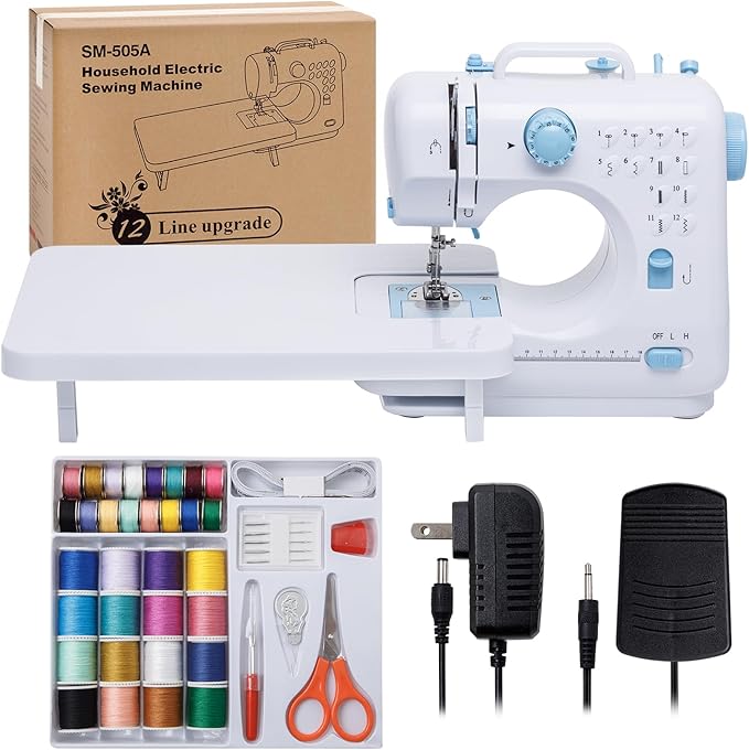 Sewing Machine for Beginners with Extension Table Portable Mini Sewing Machines Kit Supplies 12 Built-in Stitches with Needles Assorted Thread Kit Starter Kit Easiest for Adult and Kids