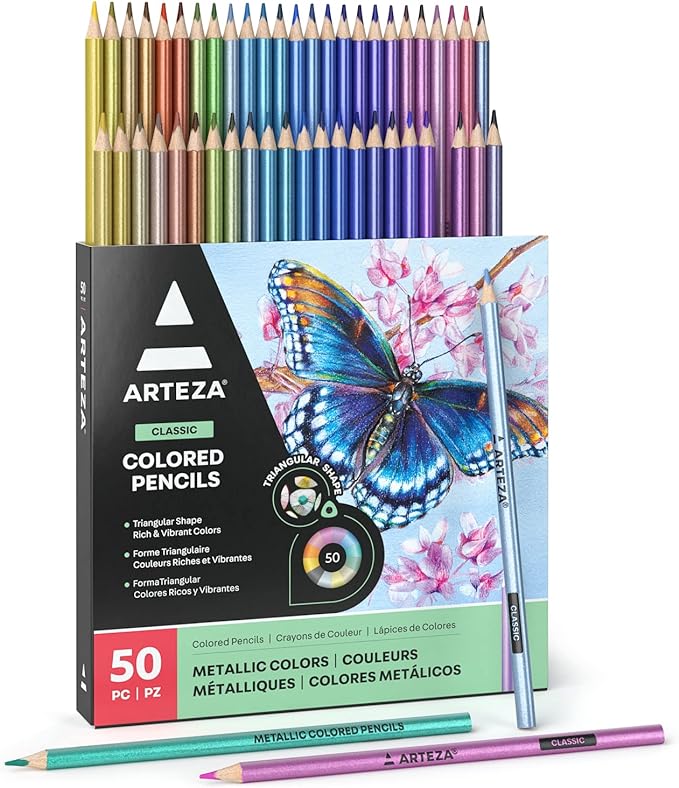 ARTEZA Metallic Colored Pencils, 50 Coloring Pencils, Triangular Grip, Pre-Sharpened Metallic Pencils Set, Art Supplies for Drawing
