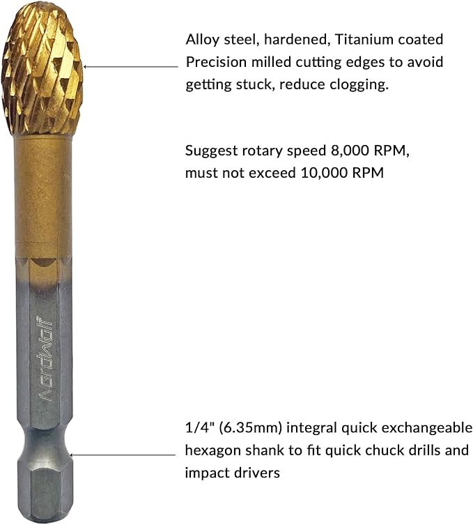 NordWolf 5-Piece Rotary Burr Carving Rasp Files Set, with 1/4" Hex Shank for Metal, Soft Metal, Wood & Plastic Deburring, Shaping, Grooving, Polishing and Grinding