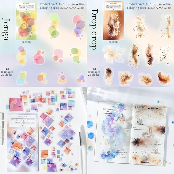 120 Pieces Creative Shapes and Colors PET Scrapbook Stickers Set, 6 Pack Aesthetic Decorative Stickers for Scrapbooking, Junk Journaling, Crafting, DIY Projects, Diaries, and Art Supplies