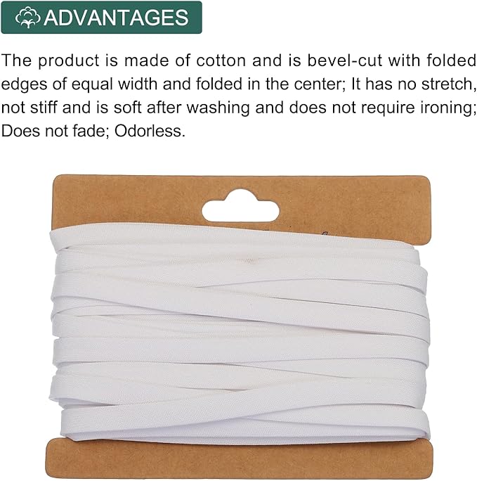MECCANIXITY 1/4 Inch Double Fold Bias Tape Cotton Continuous Bulk Bias Tape for Sewing,Seaming Quilting Hemming Binding Crafts (White 12 Yards)