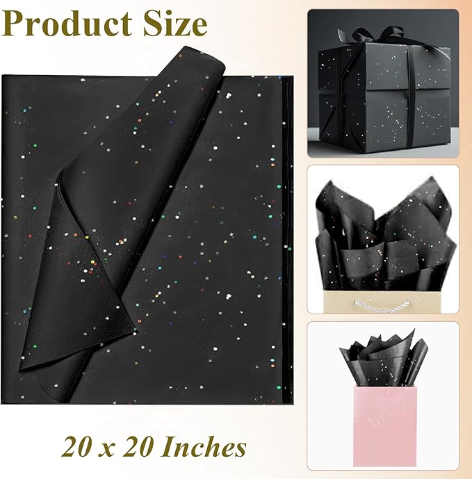 Black Glitter Tissue Paper for Gift Bags 36 Sheets 20 x 20 Inch - Recyclable Wrapping Paper for Weddings, Birthdays, Party & Festival Decorations DIY Craft Supplies