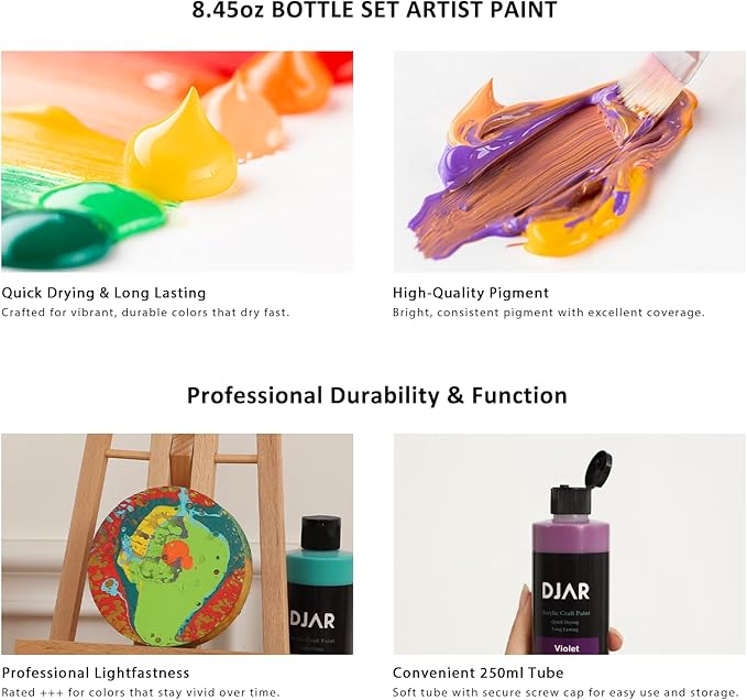 DJAR Acrylic Paint Set, 18 Colors 2 fl oz/250ml Bottles, Art Supplies for Painting Canvas, Glass, Egg, Wood