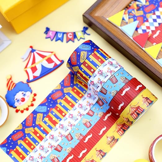 12 Rolls Circus Washi Tape Set, Vintage Carnival Cartoon Decorative Tape Tent Clown Tickets Masking Tape for Journaling Supplies, Junk Journal, Scrapbooking, DIY Arts & Crafts, Gift Wrapping