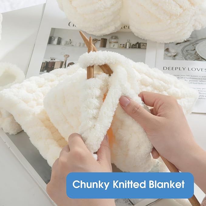 HOMBYS Cream White Chunky Chenille Yarn for Hand Knitting,Fluffy Soft Jumbo Yarn Crocheting,Super Bulky Big Yarn for Chunky Blanket,Large Thick Arm Knitting Yarn,8 Pack Plush Fuzzy Yarn