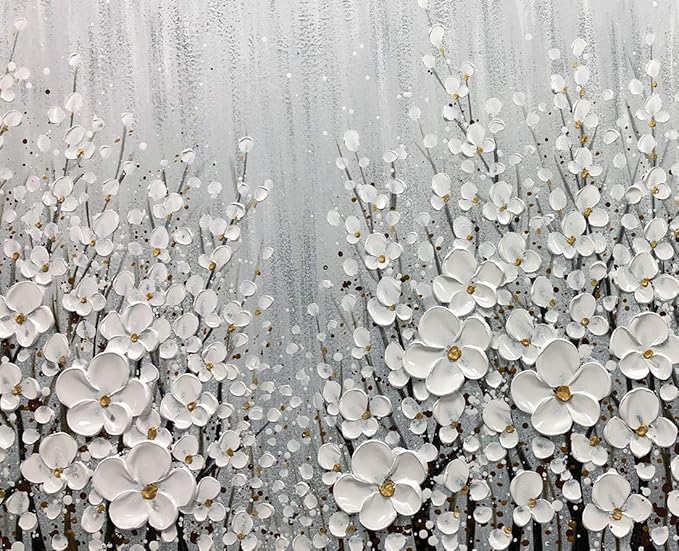 V-inspire Art, 24x48 Inch Hand Painted 3D White Flowers Wall Art Abstract Canvas Oil Paintings Wall Decorations for Living room Dining room Bedroom Artwork for Home Walls