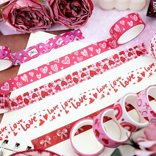 Valentine's Day Washi Tape Set - 16 Rolls Pink & Red Decorative Tape for Love Letters, Journals & Gifts (0.6" x 10 ft) - Hearts, XOXO, Love, Candy, Rainbows, Love Letters