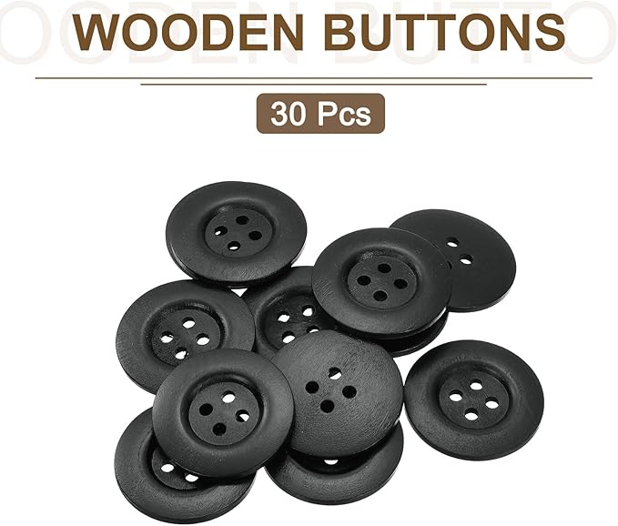 uxcell 30Pcs Large Wooden Buttons, 50mm(2") 4 Hole Round Wood Sewing Button Craft for Sewing DIY Craft Clothing, Black