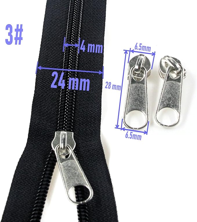 Leekayer #3 Black Nylon Coil Zippers by The Yard Bulk 10 Yards with 25pcs Silver Sliders for DIY Sewing Tailor Craft Bag(Black)