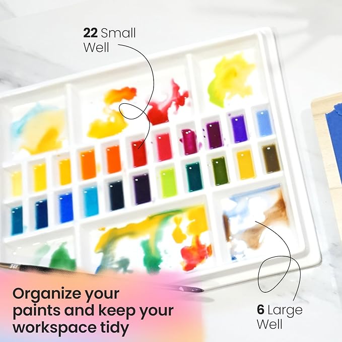 Ceramic Watercolor Paint Palette with Wooden Lid - 12x10 Inch Porcelain Mixing Tray with 22 Wells and 6 Large Wells - Professional Palette for Gouache, Acrylics, and More - Durable Design