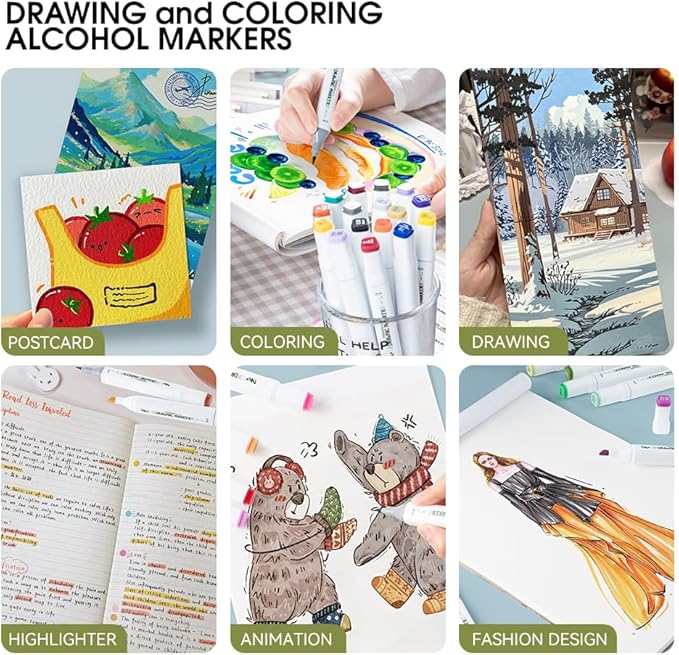 TRANSON Alcohol Markers for Drawing Coloring 48 Colors Dual-tip Chisel and Brush Tips