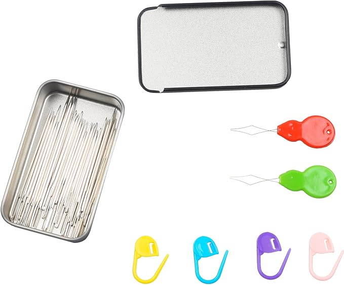 Eketirry 40PCS Large Eye Sewing Needles, 8 Sizes Hand Sewing Sharp Needles, Embroidery Needle, Leather Needle,Stainless Steel Yarn Needles with Threaders & Stitch Markers (Black)