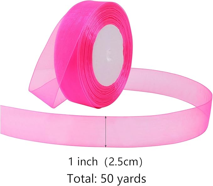 Hot Pink Ribbon for Gift Wrapping 1 inch Sheer Organza Ribbon for Flower Bouquet Tulle Thin Chiffon Ribbons for Wedding Invitations Presents Decorations Crafts 50 Yards