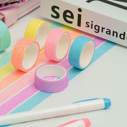 YUBX Glitter Washi Tape Set 6 Rolls Sparkling Foil Decorative Sprinkle Colored Masking Tapes for Arts, DIY Crafts, Journals, Planners, Scrapbook, Wrapping (6 Colors)