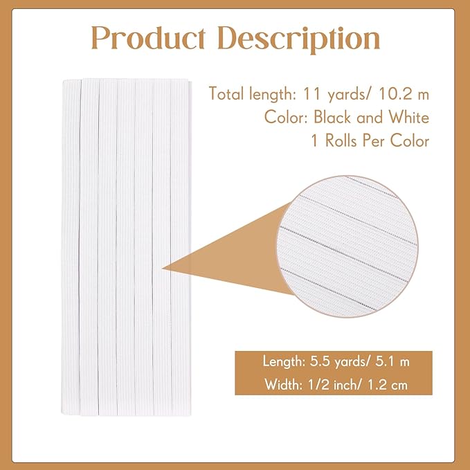 Shappy Elastic for Sewing Knit Elastic Band(1/2 Inch X 11 Yards, Black and White)