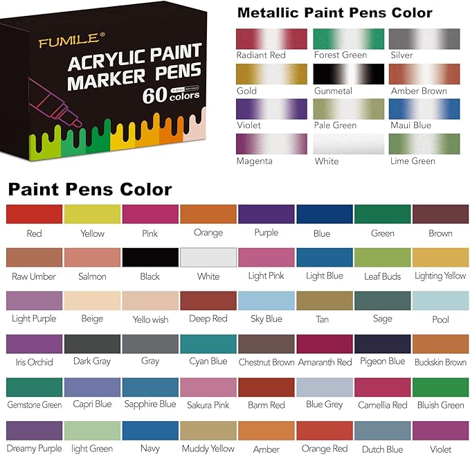 FUMILE Paint Pens paint Markers, 60 Colors Acrylic Paint Marker Pen Set include Metallic Color (12 PCS) and Normal color (48 PCS). Ideal for Rock Wood, Metal, Plastic, Glass, Canvas, Easter egg DIY.