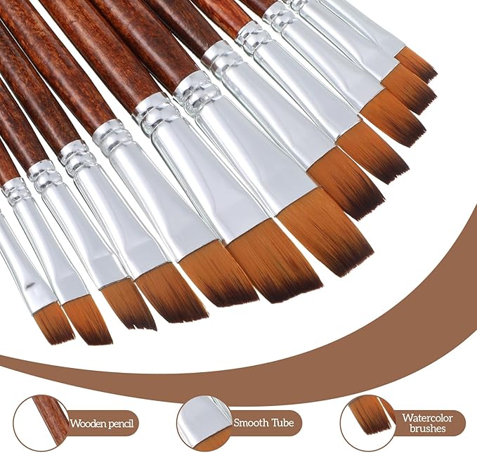 12 PCS Watercolor Brushes Professional, 6 Flat Painting Brushes and 6 Angled Paint Brush for Acrylic Paint, Different Sizes Face Painting Brush for Craft Artists Oil Gouache Beginners