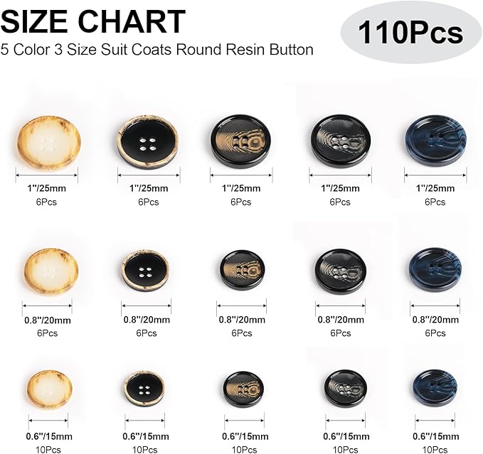 110Pcs Mixed Sewing Buttons, 4-Hole Craft Round Blazer Buttons, 5 Color 3 Size (15mm, 20mm, 25mm) Suit Coats Resin Button, Suitable for Variety Clothing Sewing, DIY Craft (Style B)