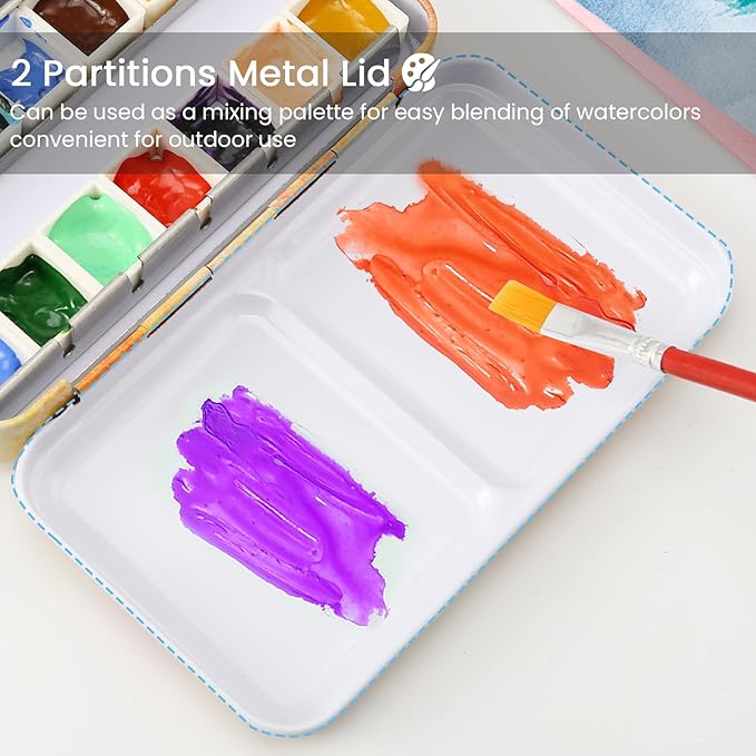 Watercolor Palette Empty with 14PCS Watercolor Half Pans - Sturdy Metal Empty Watercolor Palette Tin - Suitable for Gouache, Watercolor, Acrylic Painting