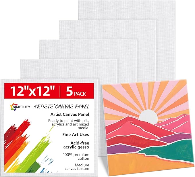 Simetufy 12 x 12 inch 5 Pack Painting Canvas Boards- Gesso Primed Acid-Free 100% Cotton Canvas Panels for Acrylics Oil Watercolor Tempera Paints
