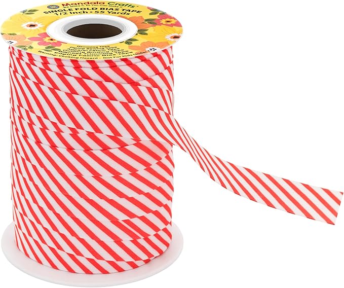 Mandala Crafts 1/2 Inch Single Fold Bias Tape for Sewing, Quilting, Piping, Hemming, Blanket & Quilt Binding – 55 Yards Candy Cane Fabric Seam Binding Tape