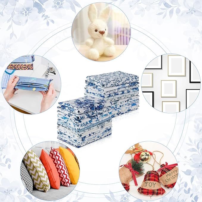 Tatuo 30 Pcs 10 x 10 Inches Blue and White Floral Cotton Fabric Quilting Bundle Squares Patchwork Floral Fabric Sewing Quilting Bundles Assorted Pattern Cloth for DIY Scrapbook Craft Making