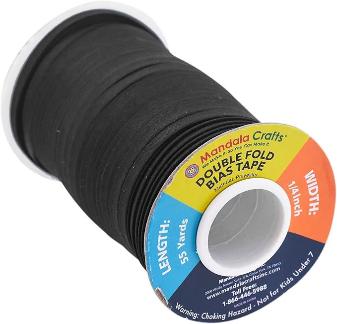 Mandala Crafts 55 Yards 1/4 Inch Black Double Fold Bias Tape for Sewing - Bias Binding Tape for Quilting Binding, Hemming, Seam, and Fabric Piping