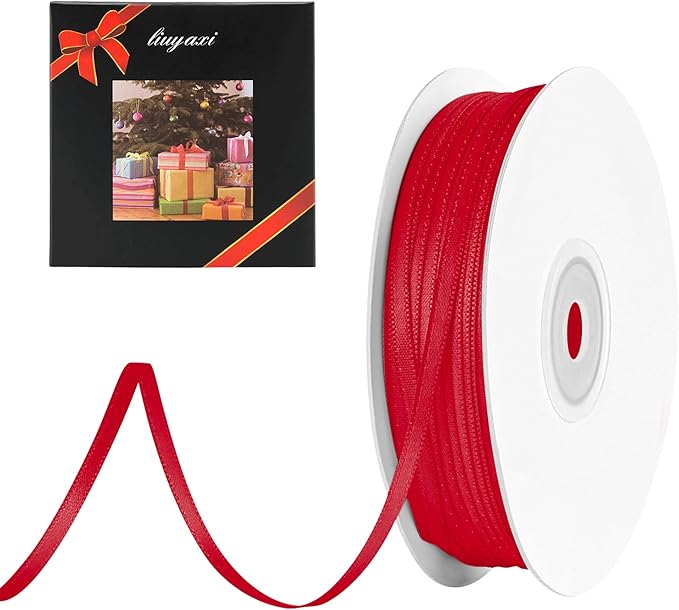 LIUYAXI Hot Red Double Faced Satin Ribbon, 1/8" X Continuous 100 Yards, Thin Ribbons Perfect for Gift Wrapping Wedding Invitation Card Hair Bows Tag Floral Arrangement DIY Craft