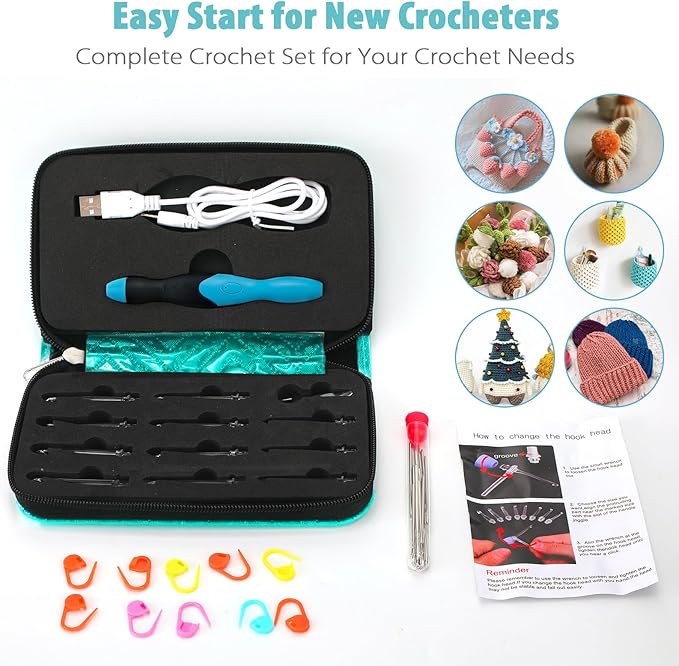 Votris Light Up Crochet Hook Set - 11 in 1 Lighted Crochet Hook Set for Beginners, Ergonomic Soft Grip, Rechargeable Light, Interchangeable Heads - Ideal Crochet Hooks Kit, Gift