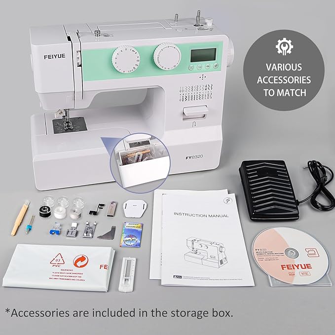 FEIYUE FYe320 Full Size Sewing Machine with Foot Pedal, Speed Control, Heavy Duty & Portable, LCD Display, 25 Built-in Stitches, 6 Bobbins & 5 Included Sewing Feet