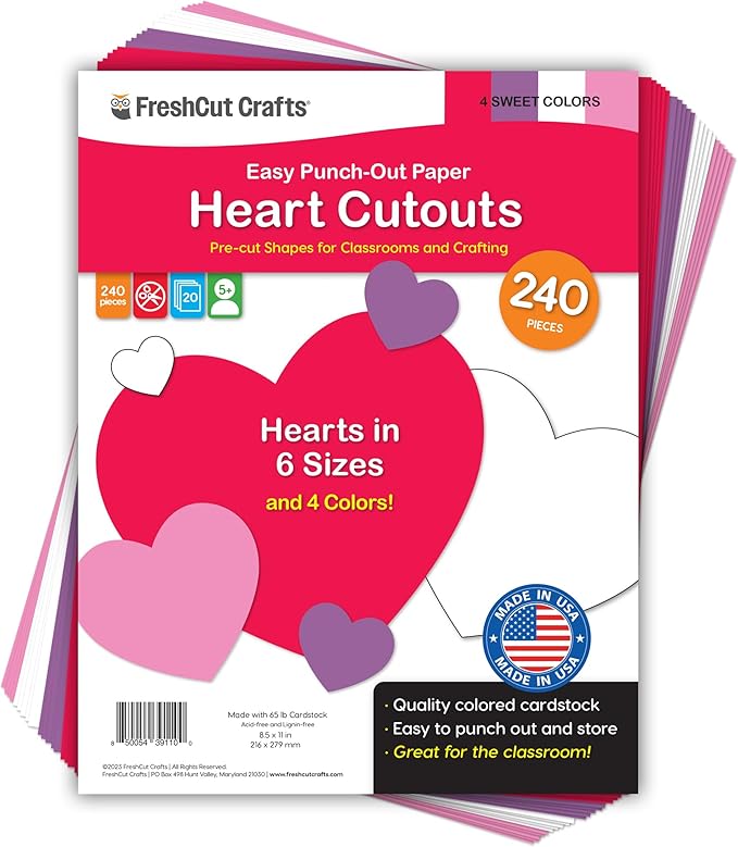 FreshCut Crafts 240 Pieces Heart Paper Cutouts, 2-Sided US Made Card Stock Punch Out Sweet Colored Hearts for Valentine’s Day Crafts, Bulletin Boards, Classroom Decor, and Posters 4 Sweet Colors