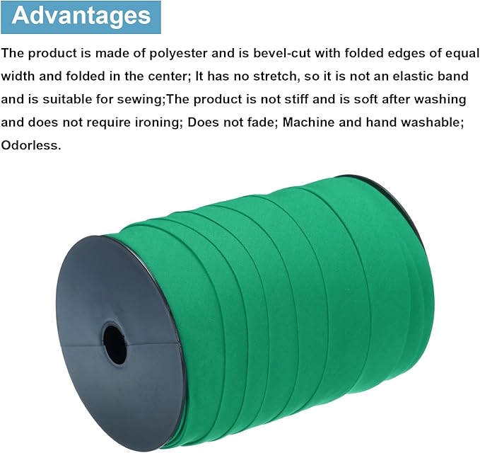 MECCANIXITY 1 Inch Double Fold Bias Tape Polyester Continuous Bulk Bias Tape for Sewing, Seaming Quilting Hemming Binding Crafts (Green 55 Yards)