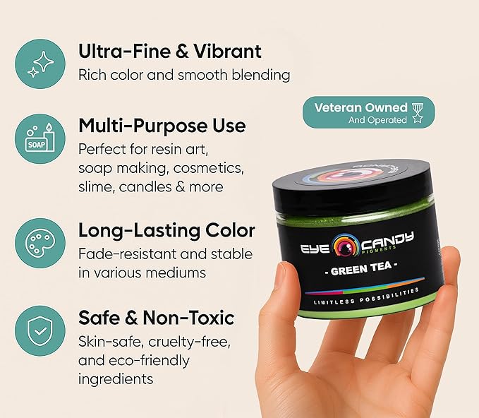Eye Candy Pigments Premium Green Mica Powder - Green Tea (50gr) - for Epoxy, Resin, Soap, Paint, Woodworking, Acrylic Pouring, Bath Bombs, Fishing Lures - DIY Arts and Crafts Additive