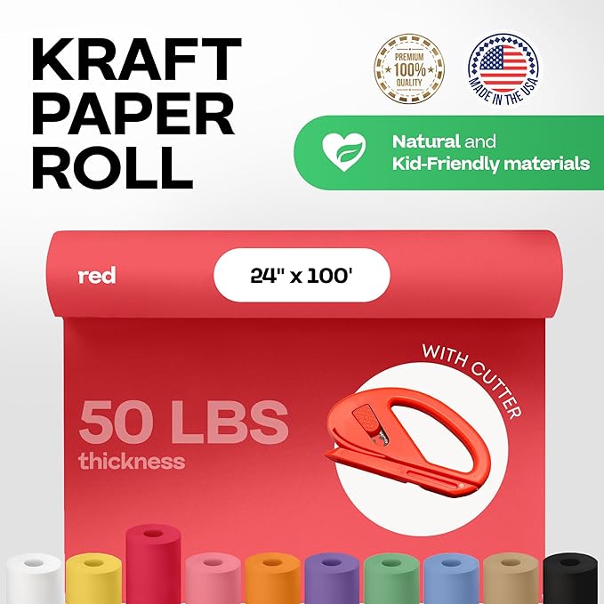 Christmas Red Kraft Paper Roll 24" x 1200" (100 feet) with Cutter - USA-Made Gift Wrapping Paper for Packing, Moving, Shipping & Crafts/Arts - 100% Recyclable Natural Craft Material by IDL Packaging