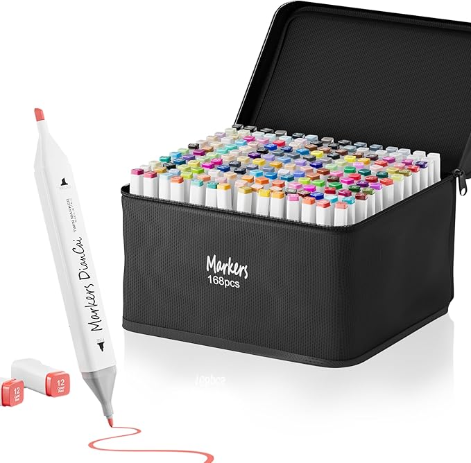 RUN HELIX Alcohol Markers, 168 Colors Dual Tip Markers Broad Brush Tip and Fine Tip, Marker for Coloring Drawing Painting Art, Alcohol Marker Set with Case for Adults (White Barrel)