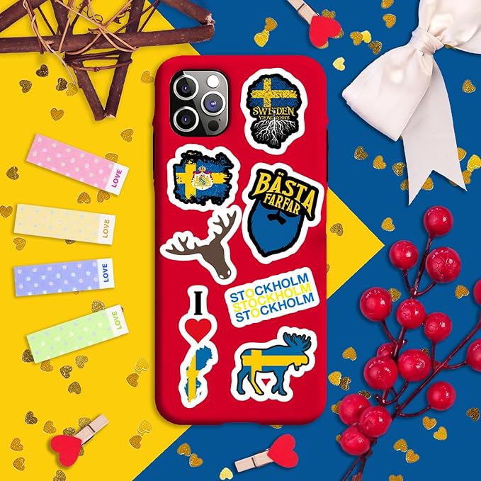 BulbaCraft Swedish Stickers for Water Bottle and Laptop - Nordic Party Supplies & Decorations, Waterproof Vinyl Swedish Decals, Sweden Flag and Culture Stickers Laptop Decals, Gifts for Women & Men