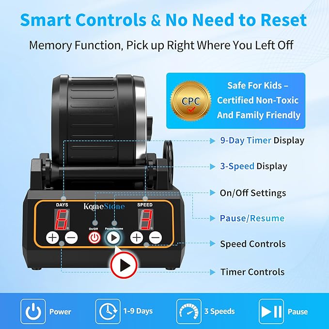 Rock Tumbler Kit, K1 Professional Large 2.5LB Capacity Edition - Memory Function, Digital Timer & Variable Speeds: Includes All Accessories, Rock Polisher Gift for Adults & Kids