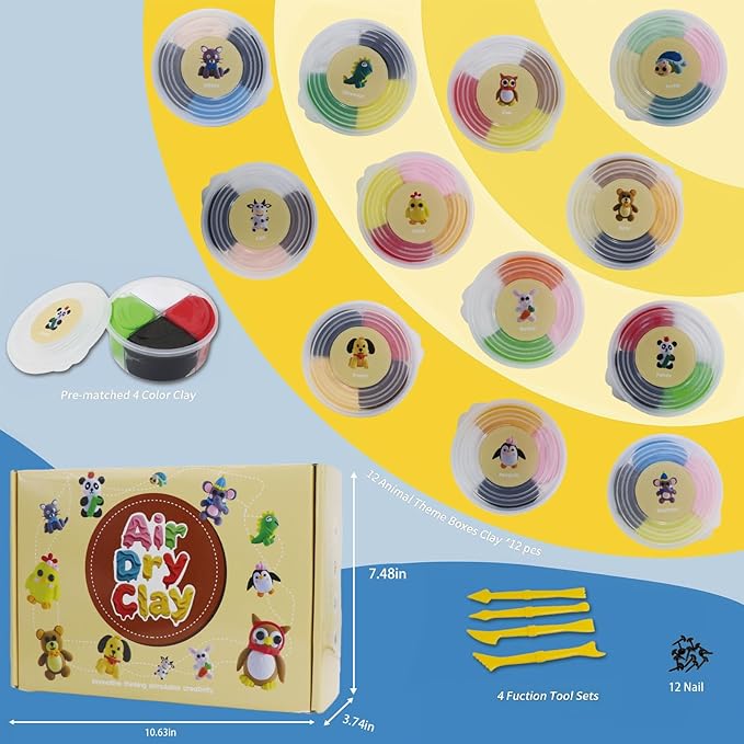 Air Dry Clay Kit - Animal Themed,12 Boxes Modeling Magic Soft Clay DIY Art Sculpting Supplies，Party Favors Birthday Christmas Gifts for Boys Girls (Animal)