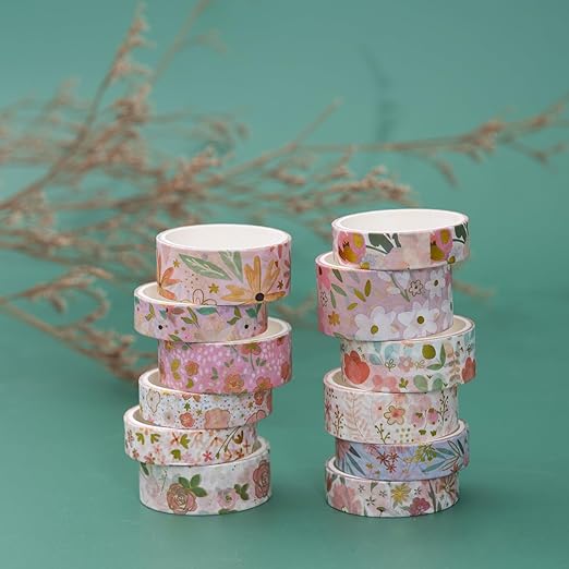 12 Rolls Vintage Washi Tape Set, Botanical Tapes, Decorative Tapes for Scrapbooking Supplies/Junk Journal/Bullet Journaling/Art Crafts(Pink)
