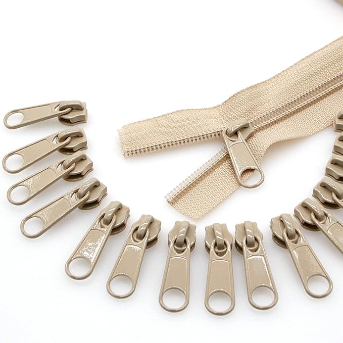 Leekayer #5 Beige Nylon Coil Zippers by The Yards Bulk 10 Yards with 25pcs Sliders for DIY Tailor Sewing Craft,Bag,Luggage,Dress,Sofa Cushion,Pillow(Beige)
