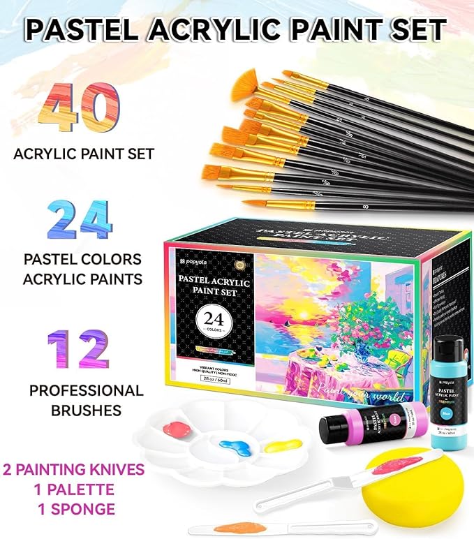 40 PCS Pastel Acrylic Paint Set with 12 Brushes, 2 Knives & Palette, 24 Colors (2oz/60ml) Art Craft Paint for Adults Kids Artists Beginners, Canvas Ceramic Rocks Wood Painting Kit Art Supplies