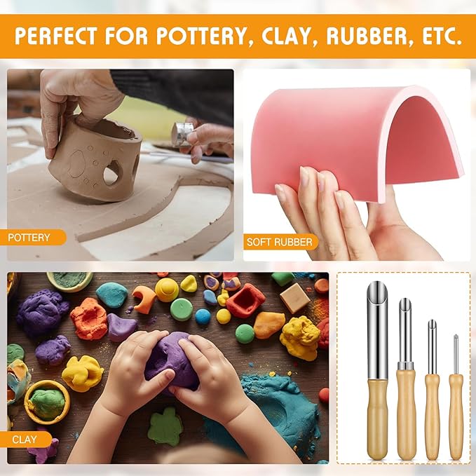 Leriton 16 Pieces Clay Hole Cutters Stainless Steel Circle Shaping Clay Tools Wooden Handle Circular Pottery Tools for Sculpture Pottery Drilling Holes Supplies, 4 Sizes